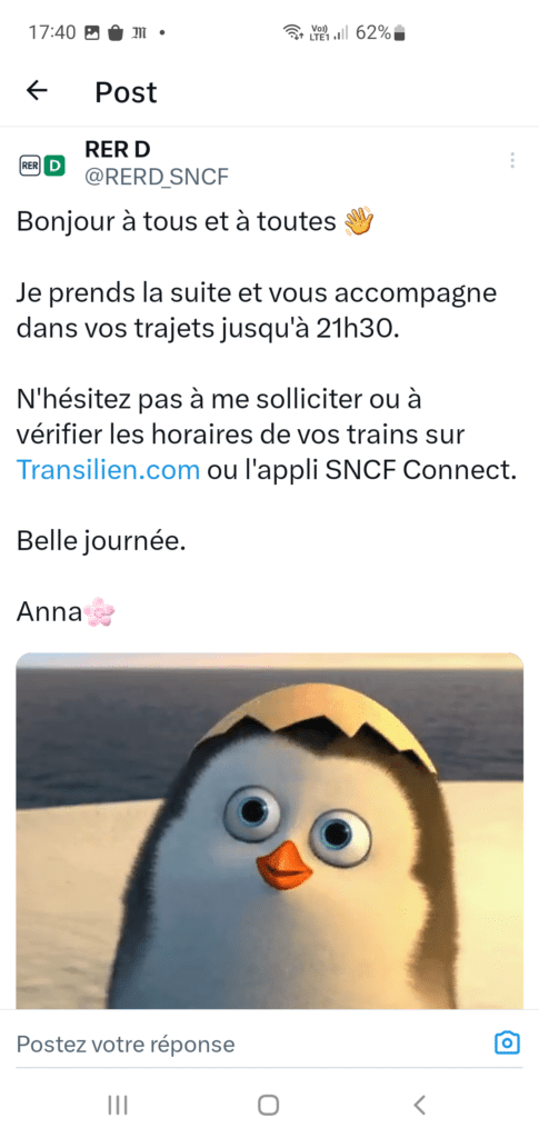 Tweet d'un CM sur X du compte RER D